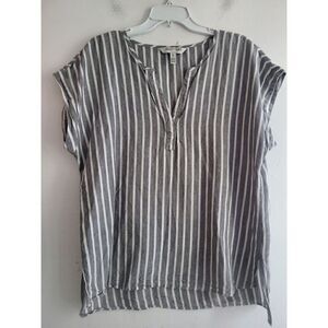 Ellen Tracy Linen Grey & White Stripped Linen/Cotton Pop Over Blouse size Large